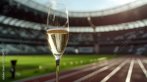 Cinematic wide angle photograph of a glass of champagne in a athletics stadium. Product photography.