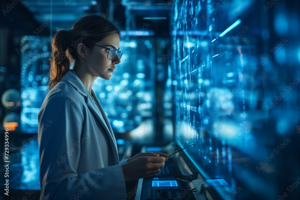 Confident woman in a coat standing working in the lab Confident woman in a coat standing working in the lab