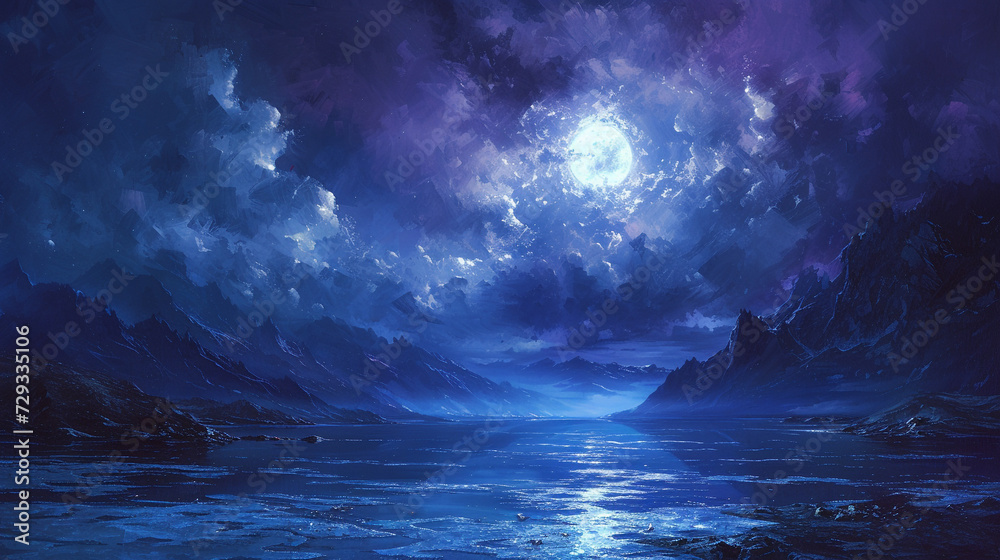 The serenity of a moonlit night, with silvery blues and purples.