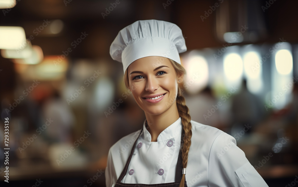 smiling beautiful woman baker or chef in uniform portrait. copy space banner smiling beautiful woman baker or chef in uniform portrait. copy space banner