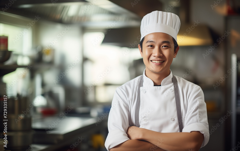 Portrait of cheerful asian positive chef on restaurant kitchen, copy space banner