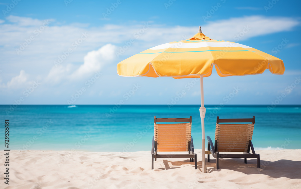 Sun loungers under umbrella on beach.summer banner with copy space Sun loungers under umbrella on beach.summer banner with copy space