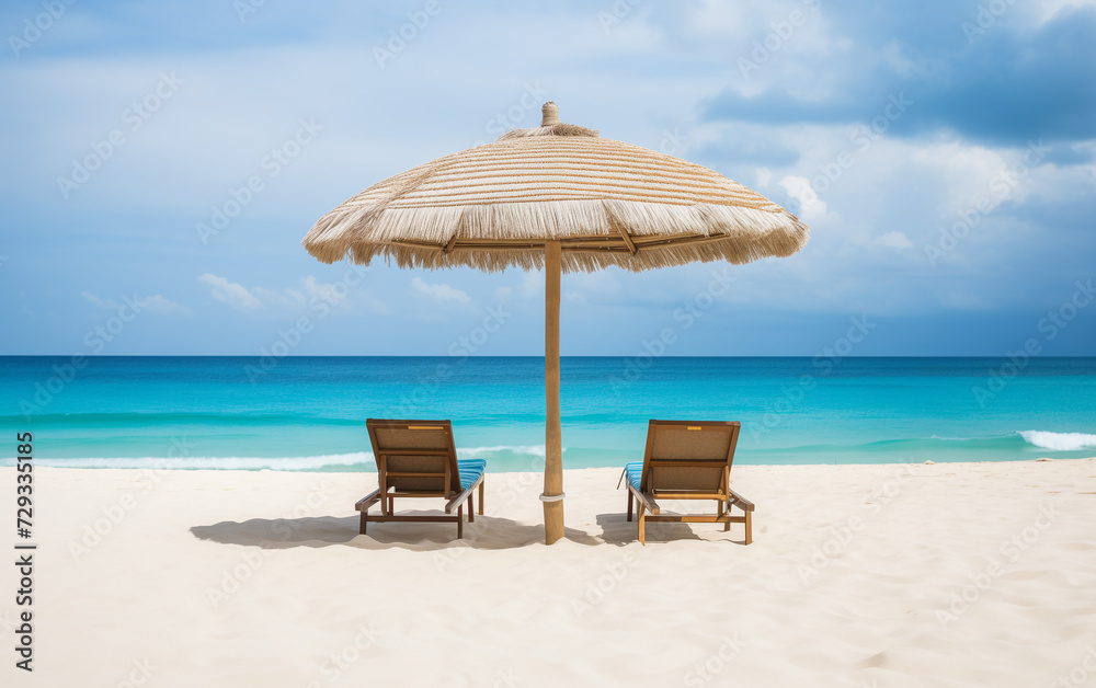 Sun loungers under umbrella on beach.summer banner with copy space
