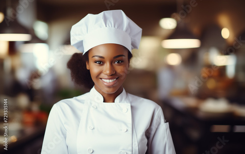 smiling beautiful african american female baker or chef in uniform portrait with blurred kitchen in the background. copy space banner