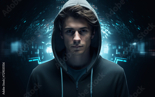 Portrait of a male hacker with futuristic background. cyber security, technology, open laptop copy space, template or copy space banner