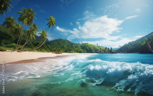 panorama of tropical beach with ocean and coconut palm trees