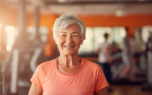 POrtrait of happy of Senior grey-haired woman wearing gym clothes with people working out in the background. copy space banner