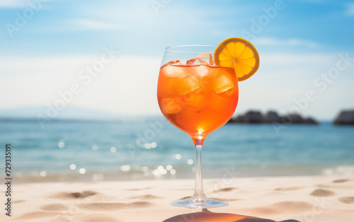 A glass of orange cocktail Aperol Spritz stands on a white sand beach with ocean in the background on a summer day
