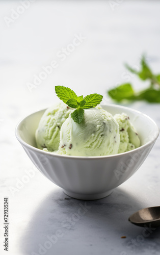 Closeup of mint and chocolate chip ice cream scoops in white bowl. Vertical banner