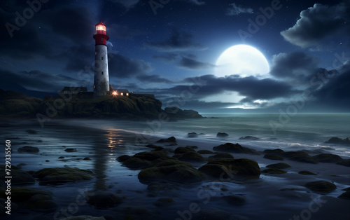 A Lighthouse Is Lit Up At Night With A Full Moon In The Background