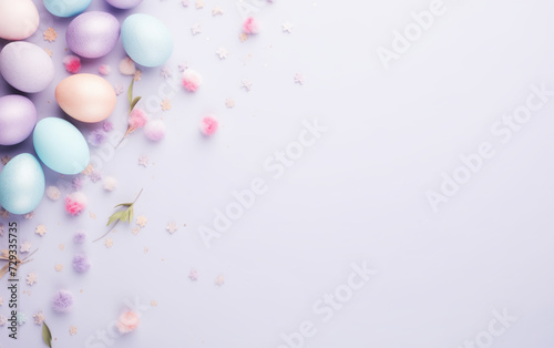 Easter Eggs And Flowers On A Purple Background with copy space