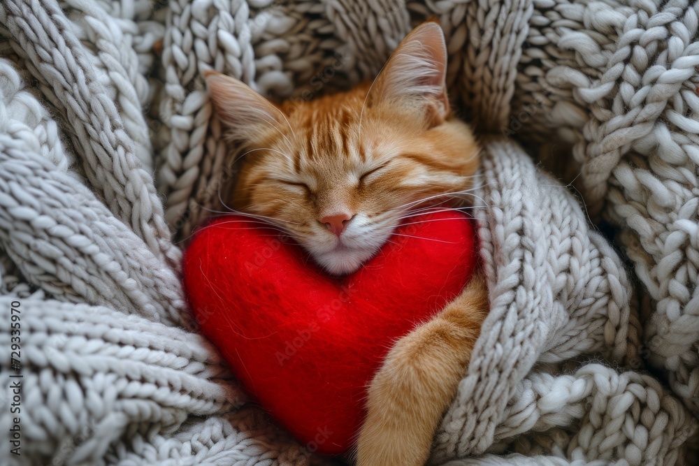 Cozy Red Heart Hugged By Furry Feline On Postcard Cozy Red Heart Hugged By Furry Feline On Postcard