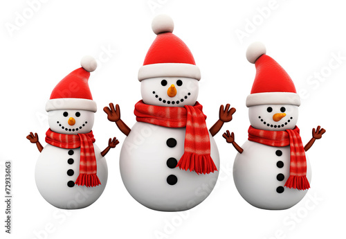 Three snowmen with Santa Claus hats and scarfs isolated on transparent background PNG