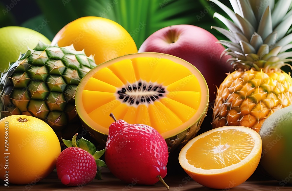 Exotic Tropical Fruits,Vegetarian Fruit Food On Table Exotic Tropical Fruits,Vegetarian Fruit Food On Table