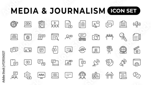 Set of thin line icons news, mass media, and fake news. Outline symbol collection. related to media,
