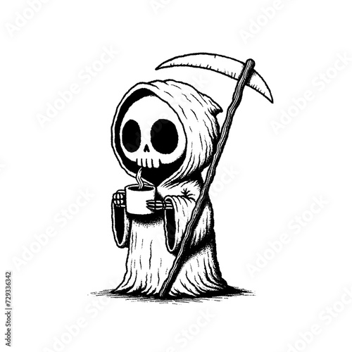 grim reaper drinking coffee, in the style of childish hand drawn drawing
