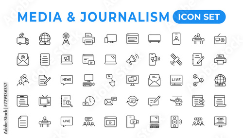 Set of thin line icons news, mass media, and fake news. Outline symbol collection. related to media,