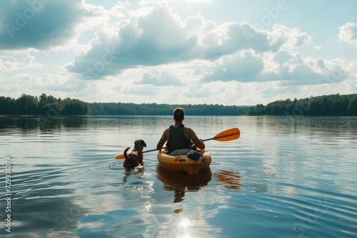 Wallpaper Mural Symmetrically Captured: Man And His Dog Kayak In Perfect Harmony On A Lake With Ample Copy Space Torontodigital.ca