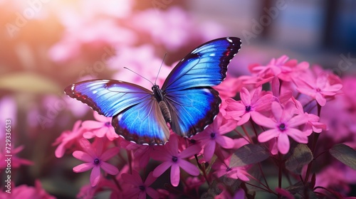 Beautiful blue butterfly Morpho on pink-violet flowers in spring in nature close-up macro