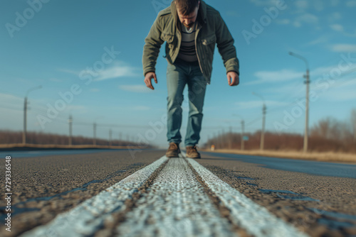 Perfectly Symmetrical Photo Of A Man Attempting To Walk A Straight Line During A Roadside Sobriety Test With Centered Composition And Ample Copy Space photo