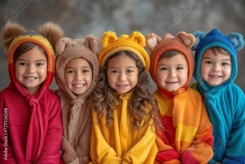 A group of cheerful and smiling children in cute animal-themed onesies, enjoying togetherness.
