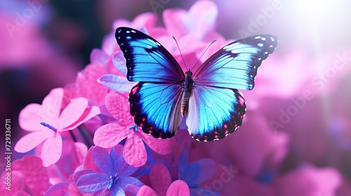 Beautiful blue butterfly Morpho on pink-violet flowers in spring in nature close-up macro