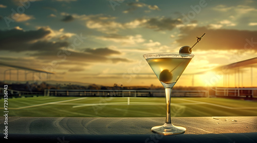 Cinematic wide angle photograph of a martini glass with an olive at a soccer field. Product photography.