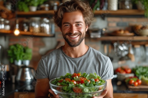 A handsome man in a kitchen, preparing a fresh and healthy vegetable salad.