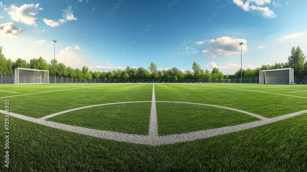 Soccer field with no players, panoramic view