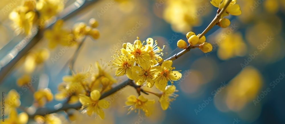 Spring brings the blooming of small yellow flowers on the Cornelian cherry tree. Spring brings the blooming of small yellow flowers on the Cornelian cherry tree.