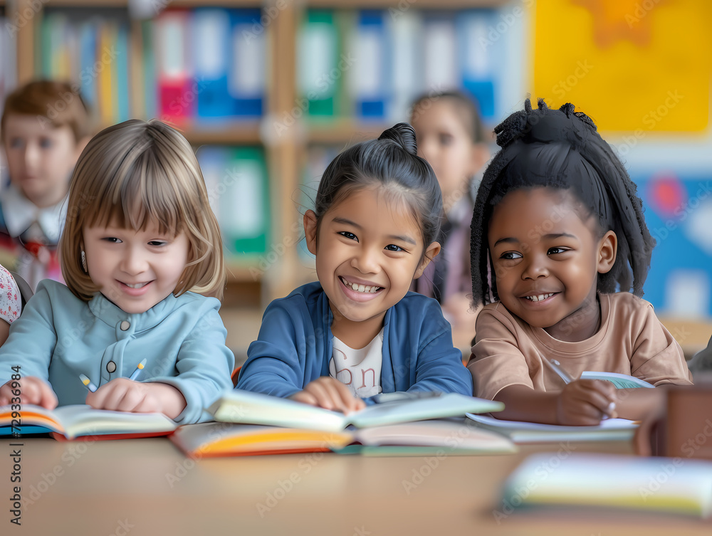 Multicultural group of kids sit at tables with books and study at primary school. Education, knowledge, development or studying Multicultural group of kids sit at tables with books and study at primary school. Education, knowledge, development or studying