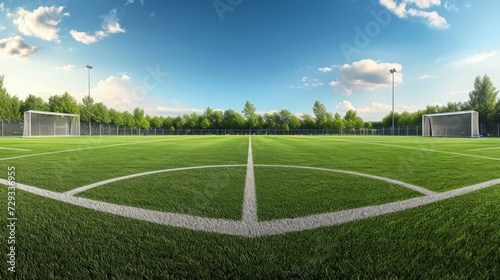 Soccer field with no players, panoramic view