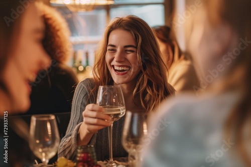 Woman Laughs With Group Of Friends, Holding Wine Glass At Party