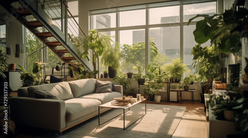 modern eco friendly home interior decorated with plants, environment friendly home interior architecture decoration, sofa, table, plants © Ali