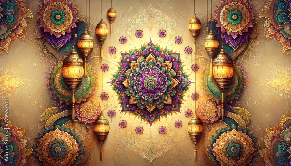 The elegant backdrop is decorated with various ornate colorful mandala patterns and glowing lanterns The elegant backdrop is decorated with various ornate colorful mandala patterns and glowing lanterns