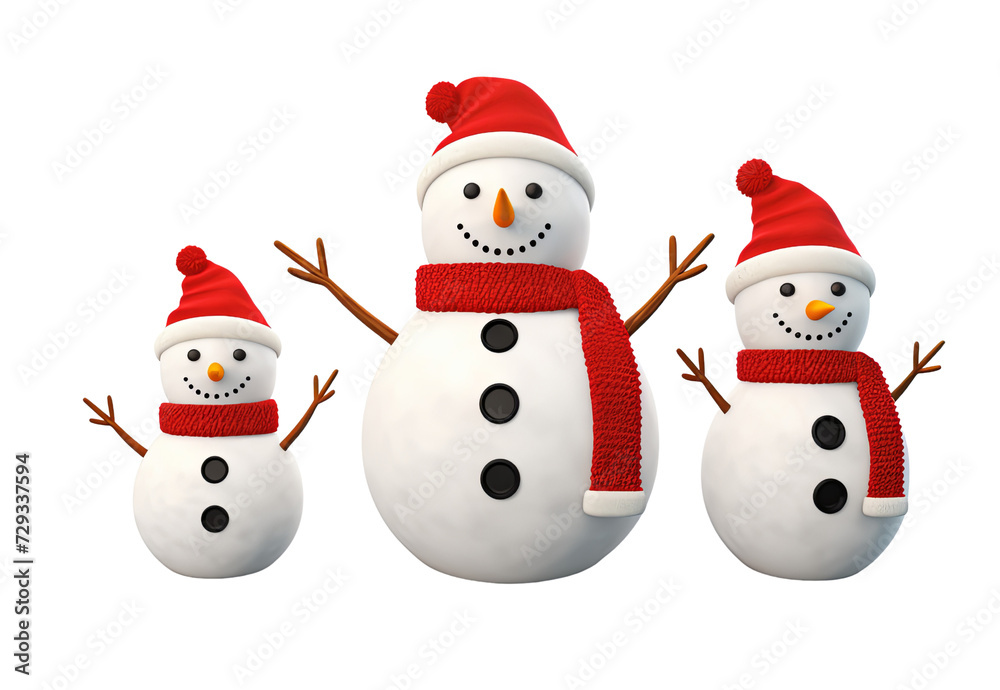 Three snowmen with Santa Claus hats and scarfs isolated on transparent background PNG Three snowmen with Santa Claus hats and scarfs isolated on transparent background PNG
