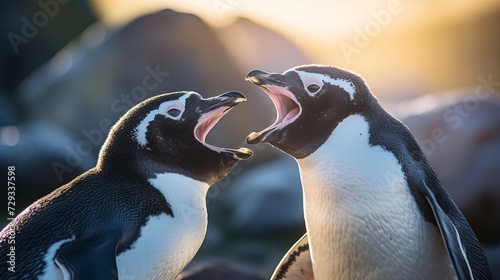 Closeup of two isolated humboldt penguins in conversation with each other, natural water birds in a cute animal concept, symbol for gossip, rumor, information or environment protection photo