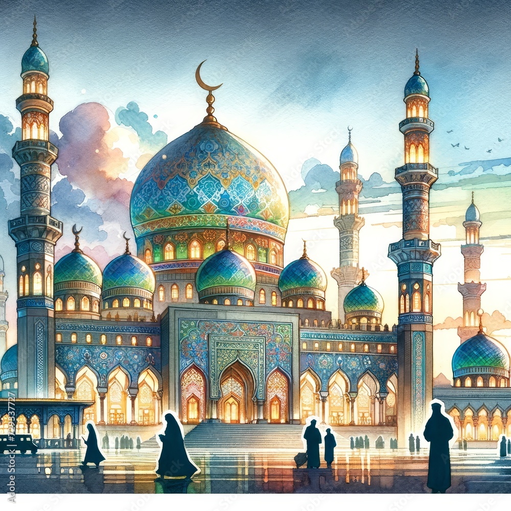 Obraz premium A beautiful mosque designed for Ramadan in a watercolor style