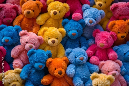 Top-Down View Of Vibrant Teddy Bears Creating A Joyful Stack In Perfect Symmetry, Focal Point, Ample Room For Text