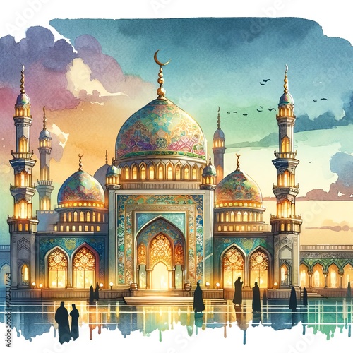 A beautiful mosque designed for Ramadan in a watercolor style
