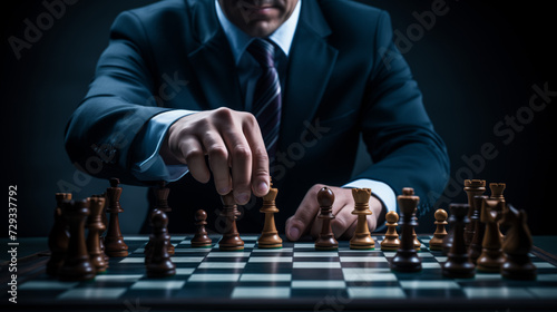 Businessman playing chess. Man play chess on dark background