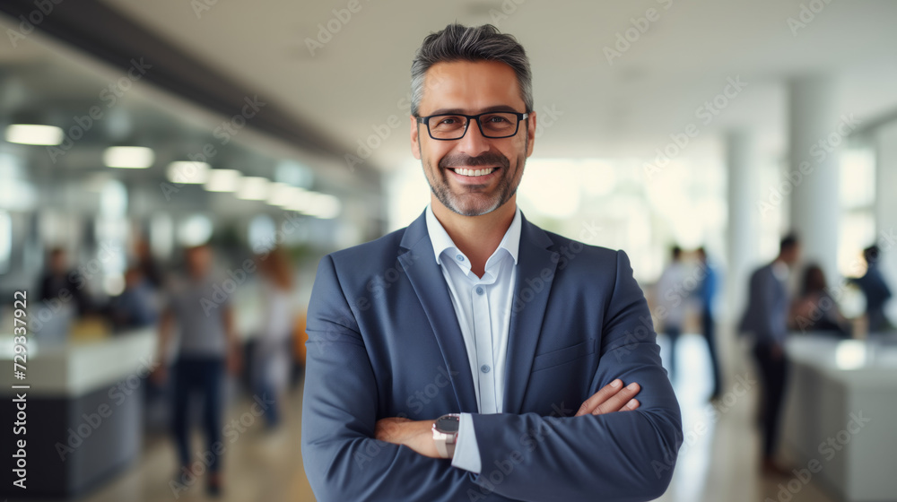 Happy man with crossed hands in office with blur background. Businessman with crossed hands
