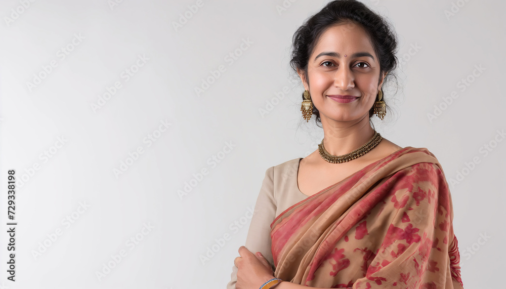A confident, middle-class, working Indian woman in an elegant cotton sari pose and smiling for the camera A confident, middle-class, working Indian woman in an elegant cotton sari pose and smiling for the camera