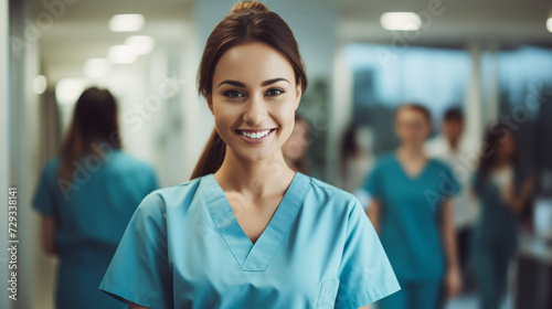 Happy white nurse in hospital. Smiling nurse with blur background