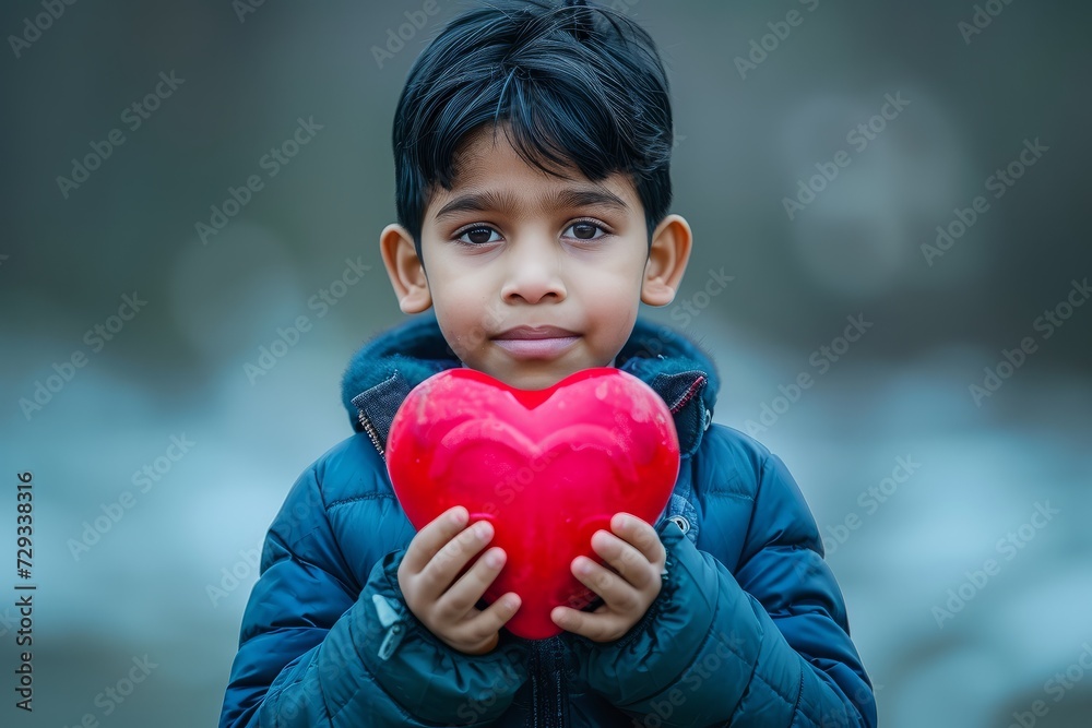 Valentines Day Concept Of Love And Care Through Heart Toy For An Indianpakistani Boy Valentines Day Concept Of Love And Care Through Heart Toy For An Indianpakistani Boy