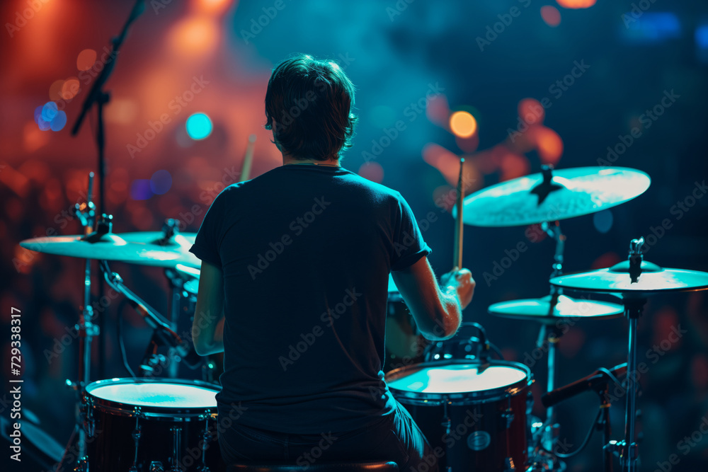 Fototapeta premium A drummer at a concert in the background of the audience, with his back playing the drums