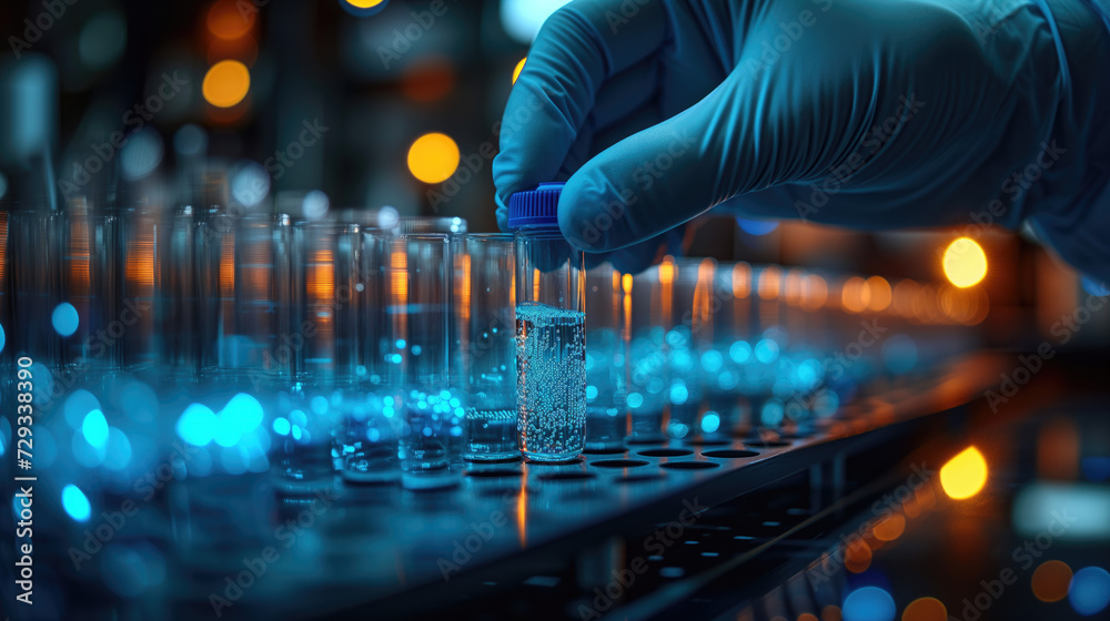 hand of scientist with test tube and flask in medical chemistry lab white banner background. - obrazy, fototapety, plakaty 