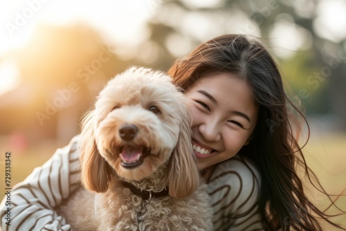 Capturing The Joy: Young Asian Women And Adorable Dog Embrace A Playful Moment With Perfect Symmetry, Centered In The Photo, With Copy Space.