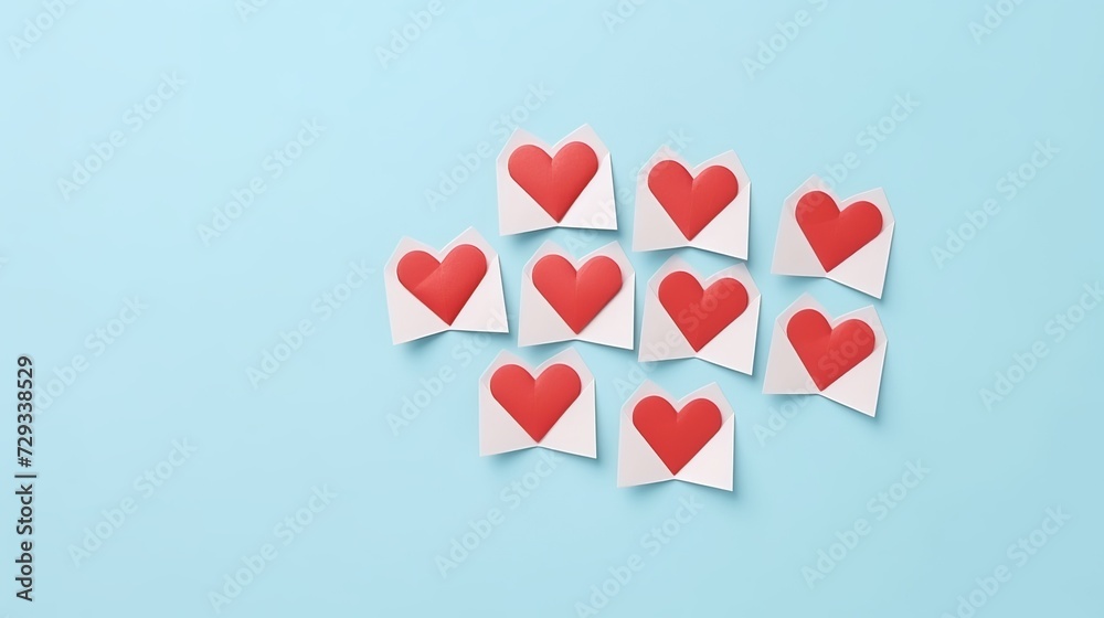 Flat lay mock up photo image of lovely cupid pins with red and white hearts envelope on pastel blue table backdrop Flat lay mock up photo image of lovely cupid pins with red and white hearts envelope on pastel blue table backdrop
