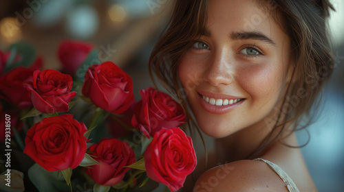 Fototapeta Naklejka Na Ścianę i Meble -  Happy couple, red roses for surprise, anniversary or Valentine's Day at home. Face of young man and woman smile with flowers for romantic gift.